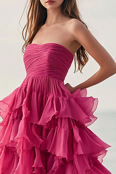 Fuchsia Strapless Tulle A Line Long Formal Dress