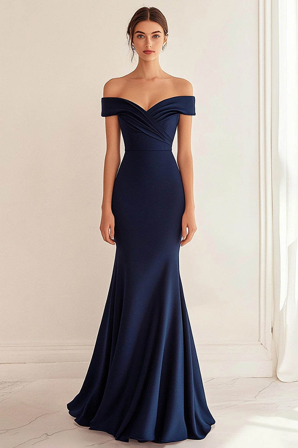 Navy Off the Shoulder Satin Mermaid Long Formal Dress