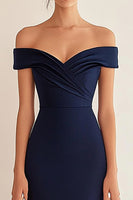 Load image into Gallery viewer, Navy Off the Shoulder Satin Mermaid Long Formal Dress