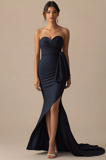 Navy Mermaid Sweetheart Long Formal Dress with Slit