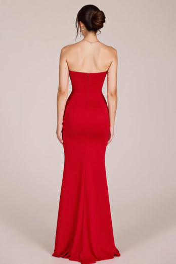 Red Strapless Sheath Keyhole Long Formal Dress with Slit