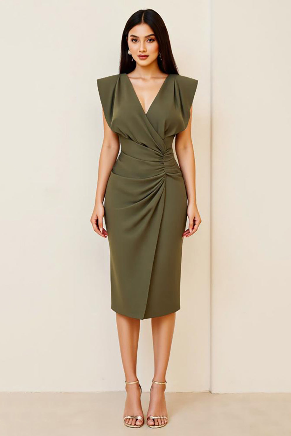 Olive V-Neck Ruched Sheath Long Formal Dress