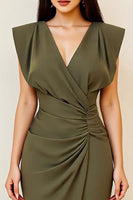 Load image into Gallery viewer, Olive V-Neck Ruched Sheath Long Formal Dress