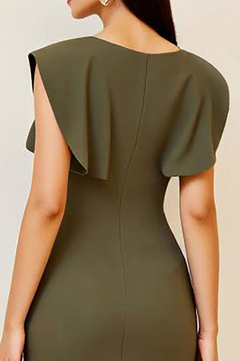 Olive V-Neck Ruched Sheath Long Formal Dress