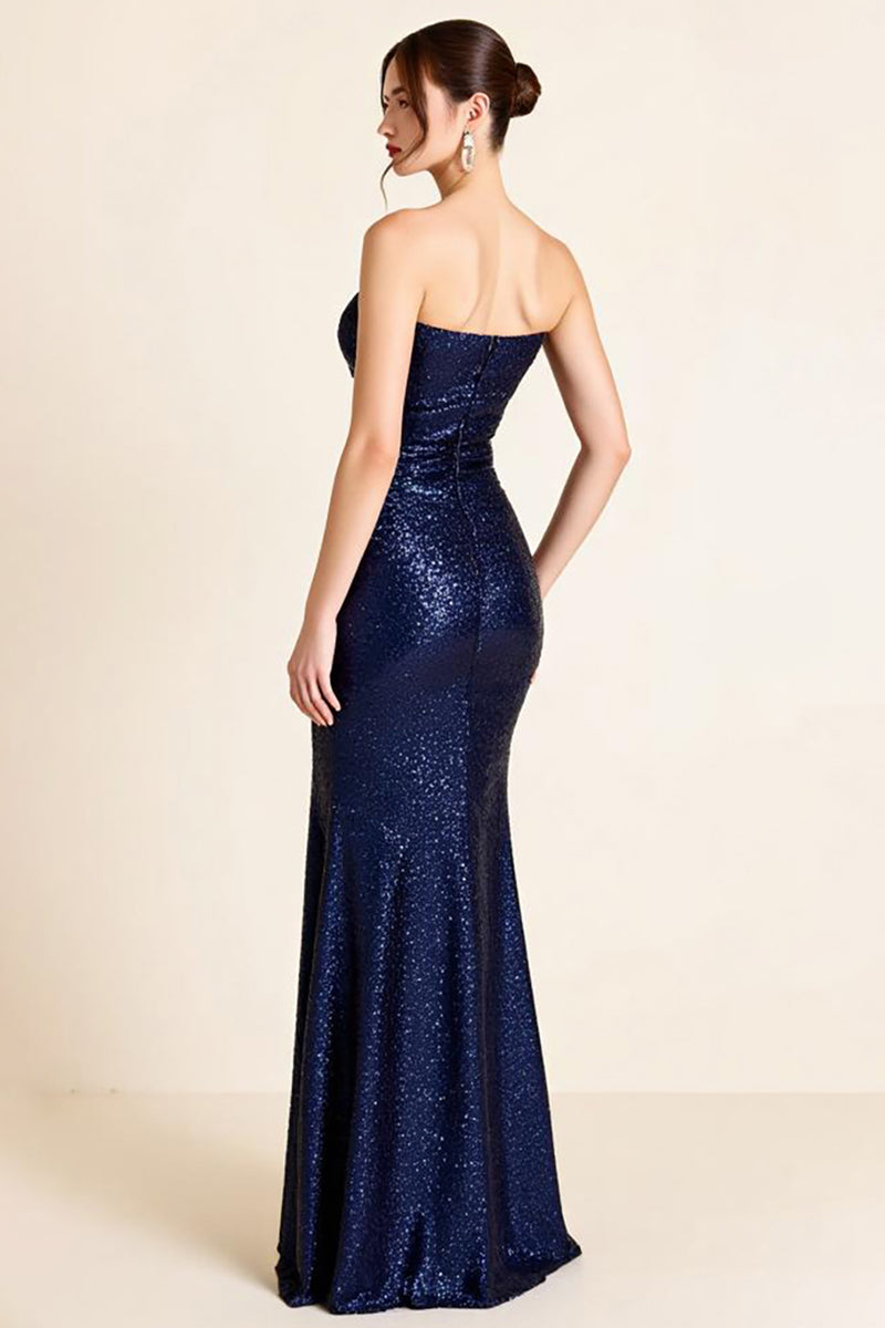 Load image into Gallery viewer, Navy Sequins Sheath Strapless Long Formal Dress with Slit