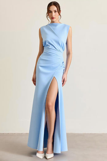 Sky Blue Sheath Ruched Long Formal Dress with Slit