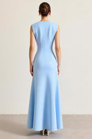 Load image into Gallery viewer, Sky Blue Sheath Ruched Sleeveless Long Formal Dress with Slit