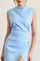 Load image into Gallery viewer, Sky Blue Sheath Ruched Sleeveless Long Formal Dress with Slit