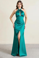 Load image into Gallery viewer, Green Satin Sheath Keyhole Backless Long Formal Dress with Slit