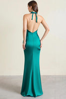 Load image into Gallery viewer, Green Satin Sheath Keyhole Backless Long Formal Dress with Slit