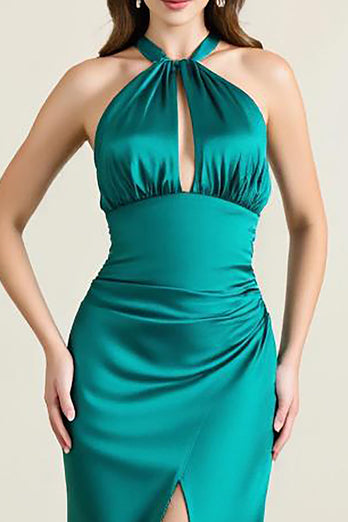 Green Satin Sheath Keyhole Backless Long Formal Dress with Slit