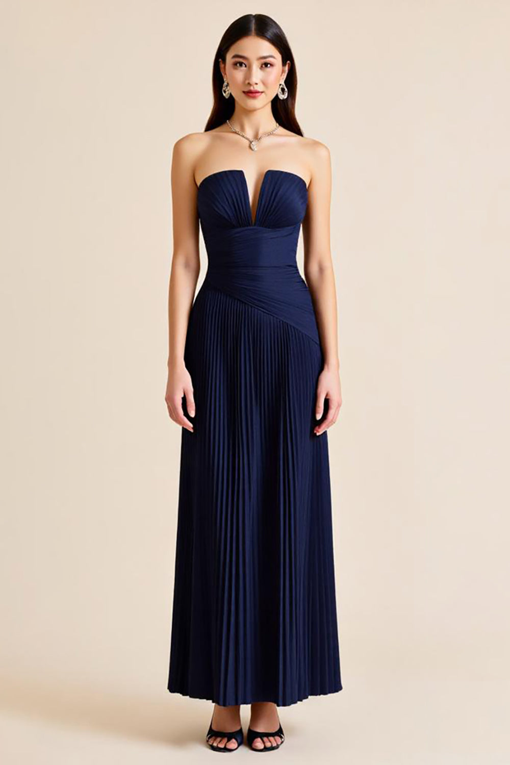 Navy Pleated A Line Strapless Long Formal Dress