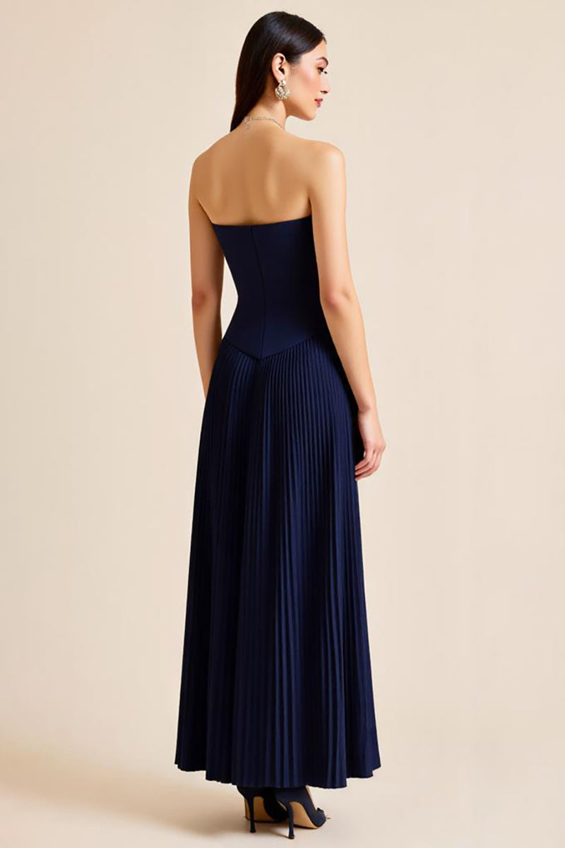Load image into Gallery viewer, Navy Pleated A Line Strapless Long Formal Dress