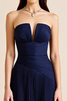 Load image into Gallery viewer, Navy Pleated A Line Strapless Long Formal Dress