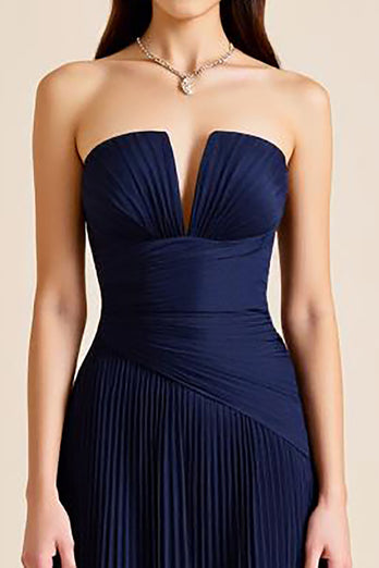 Navy Pleated A Line Strapless Long Formal Dress