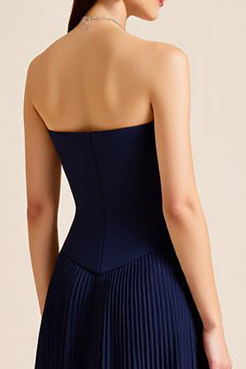 Navy Pleated A Line Strapless Long Formal Dress