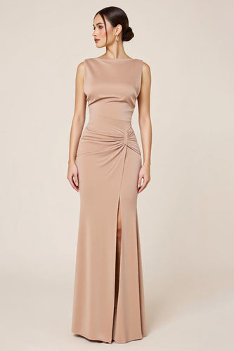 Neutral Satin Sheath Boat Neck Long Formal Dress with Slit