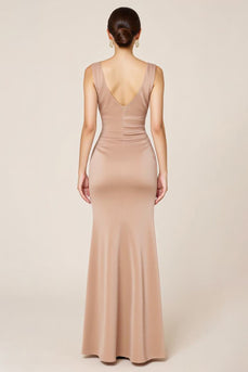 Neutral Satin Sheath Boat Neck Long Formal Dress with Slit