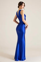 Load image into Gallery viewer, Royal Blue V-Neck Satin Sheath Sleeveless Long Formal Dress