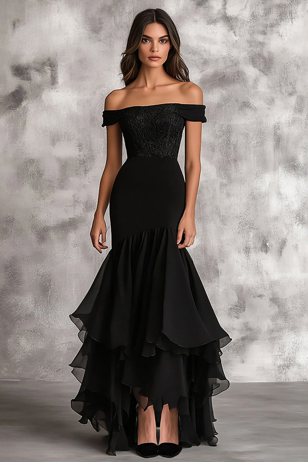 Black Mermaid Chiffon Appliqued Long Formal Dress