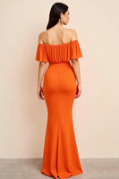 Load image into Gallery viewer, Orange Sheath Off the Shoulder Pleated Long Formal Dress