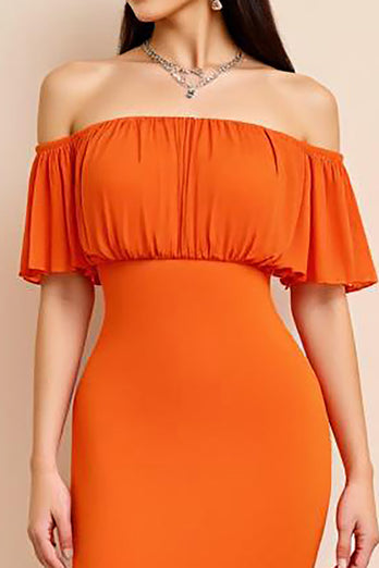 Orange Sheath Off the Shoulder Pleated Long Formal Dress
