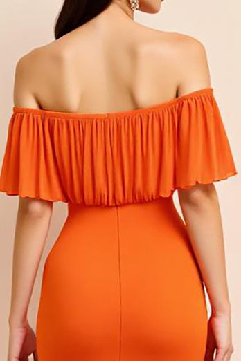 Orange Sheath Off the Shoulder Pleated Long Formal Dress