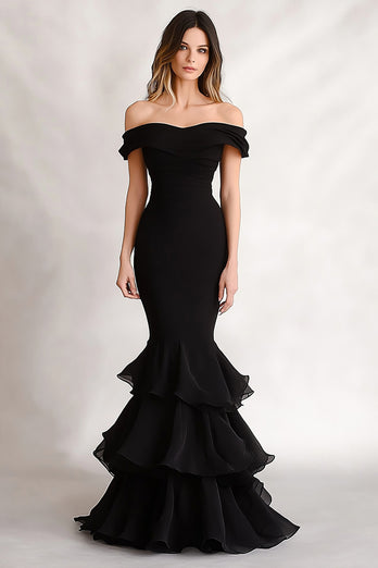Black Tiered Mermaid Off the Shoulder Long Formal Dress