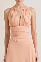 Load image into Gallery viewer, Peach A Line Chiffon Deep V-Neck Ruched Long Formal Dress