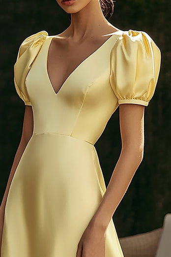Yellow V-Neck A Line Satin Long Formal Dress with Puff Sleeves