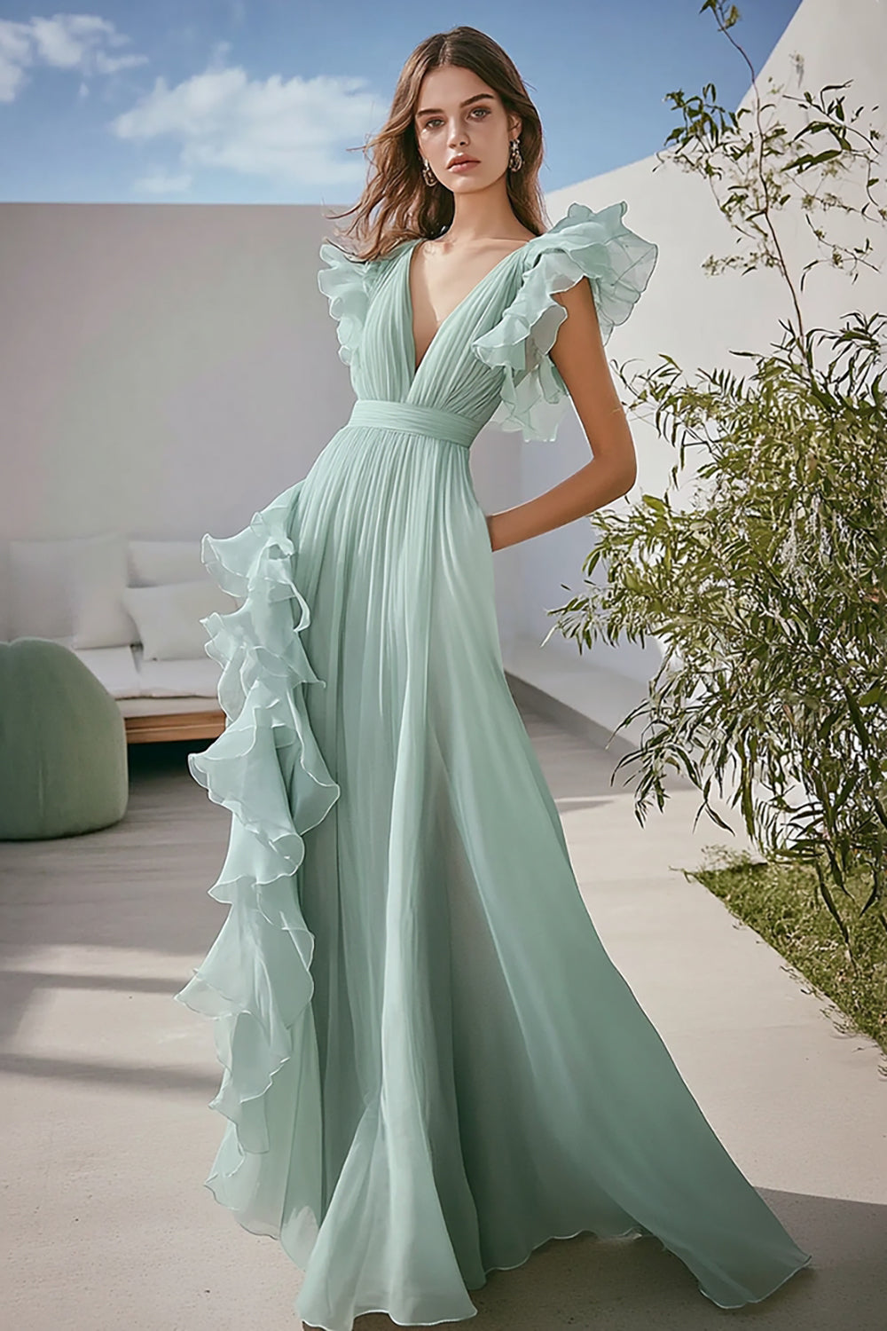 Light Green Tulle V-Neck Long Formal Dress with Ruffles