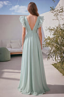 Load image into Gallery viewer, Light Green Tulle V-Neck Long Formal Dress with Ruffles