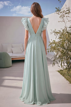 Light Green Tulle V-Neck Long Formal Dress with Ruffles