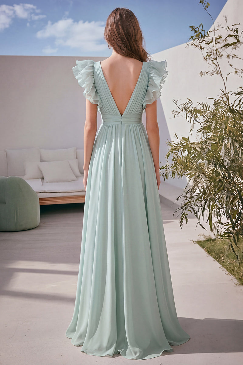 Load image into Gallery viewer, Light Green Tulle V-Neck Long Formal Dress with Ruffles