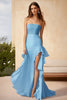 Load image into Gallery viewer, Sky Blue Sheath Asymmetrical Long Formal Dress with Slit