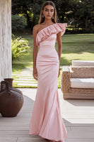Load image into Gallery viewer, Pink Ruffled Sheath One Shoulder Satin Long Formal Dress