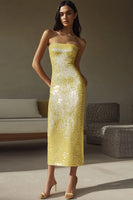 Load image into Gallery viewer, Yellow Sequins Sheath Strapless Long Formal Dress