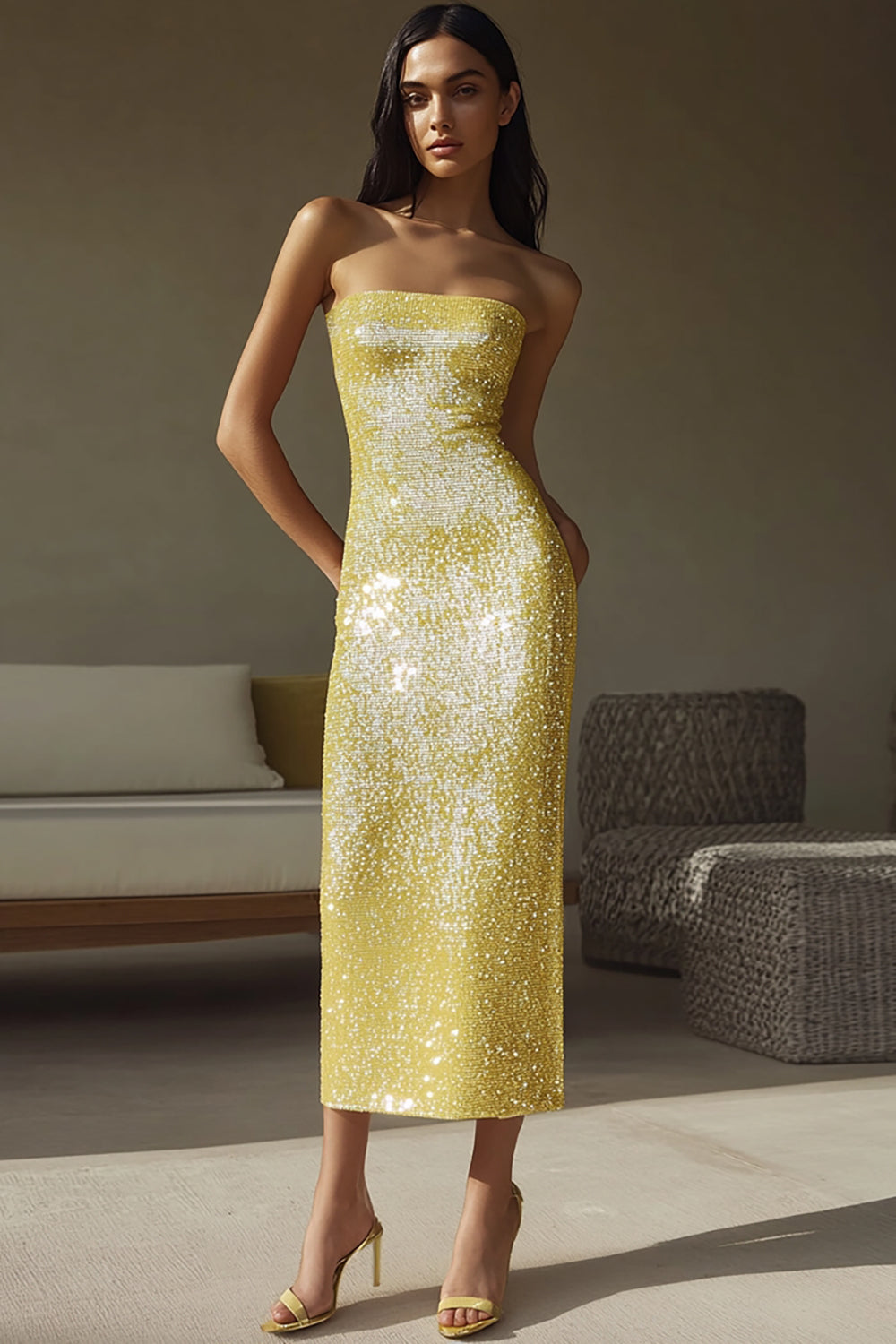 Yellow Sequins Sheath Strapless Long Formal Dress