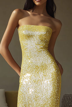 Yellow Sequins Sheath Strapless Long Formal Dress