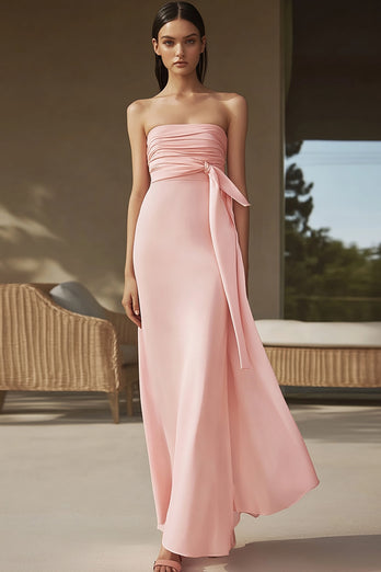 Pink Sheath Chiffon Ruched Strapless Long Formal Dress with Cap