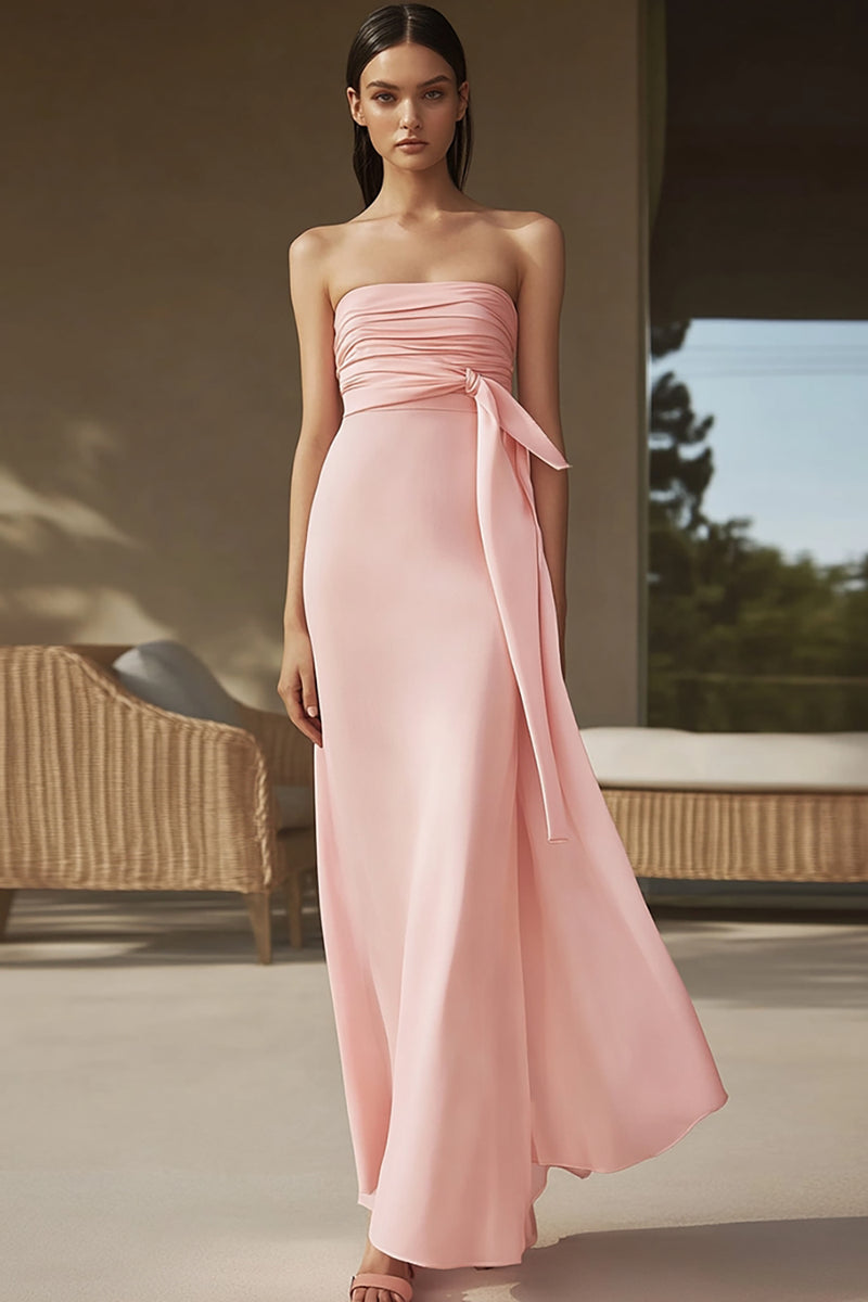 Load image into Gallery viewer, Pink Sheath Chiffon Ruched Strapless Long Formal Dress with Cap