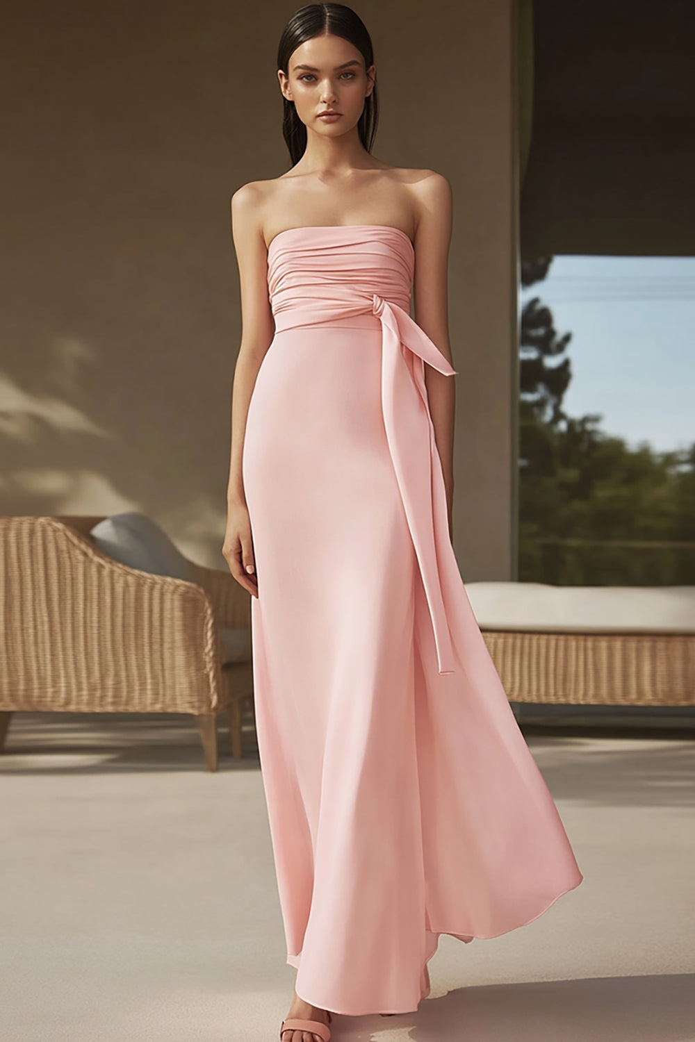 Pink Sheath Chiffon Ruched Strapless Long Formal Dress with Cap