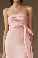 Load image into Gallery viewer, Pink Sheath Chiffon Ruched Strapless Long Formal Dress with Cap