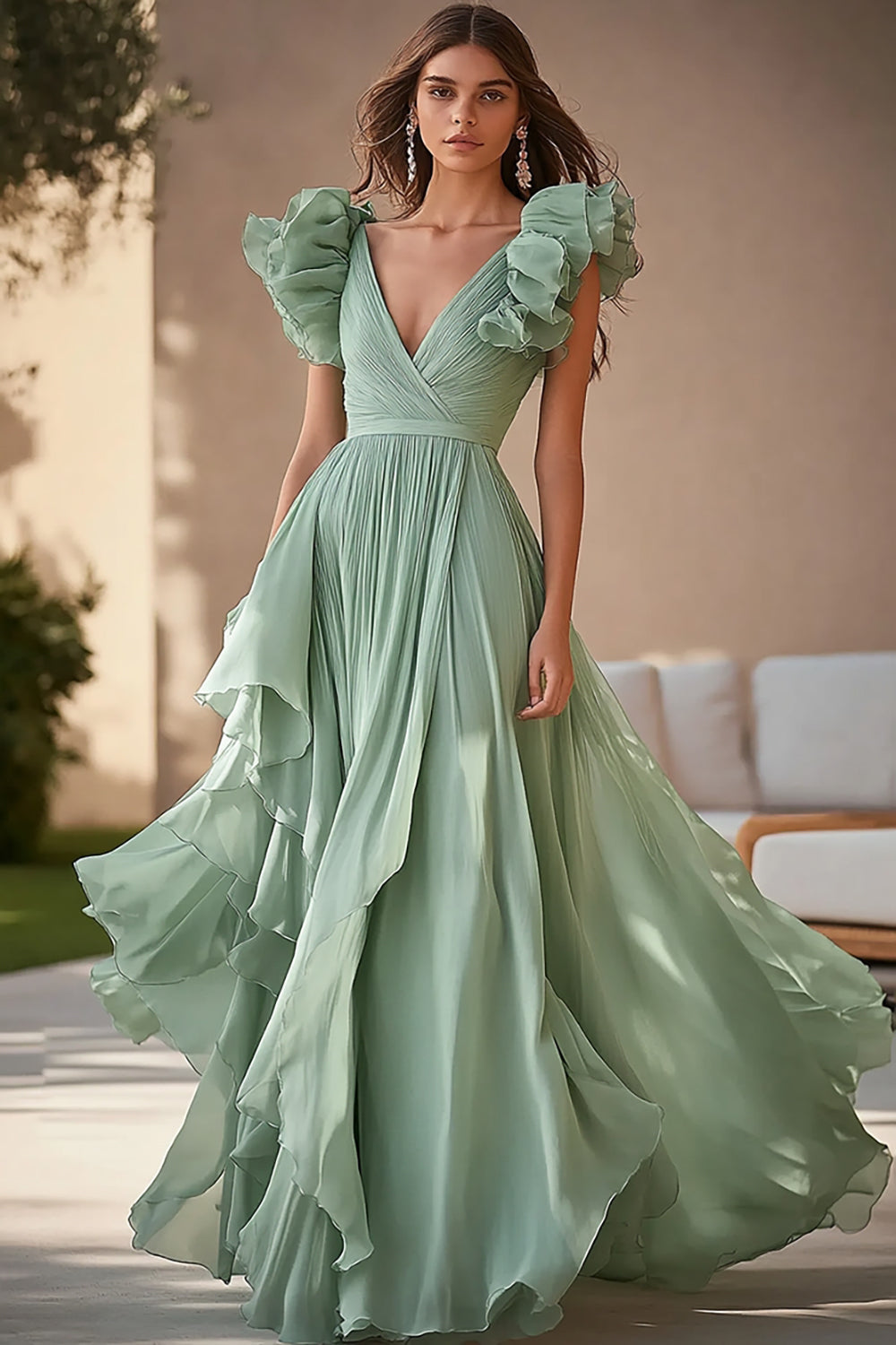 Light Green Chiffon Ruffed Tiered Long Formal Dress