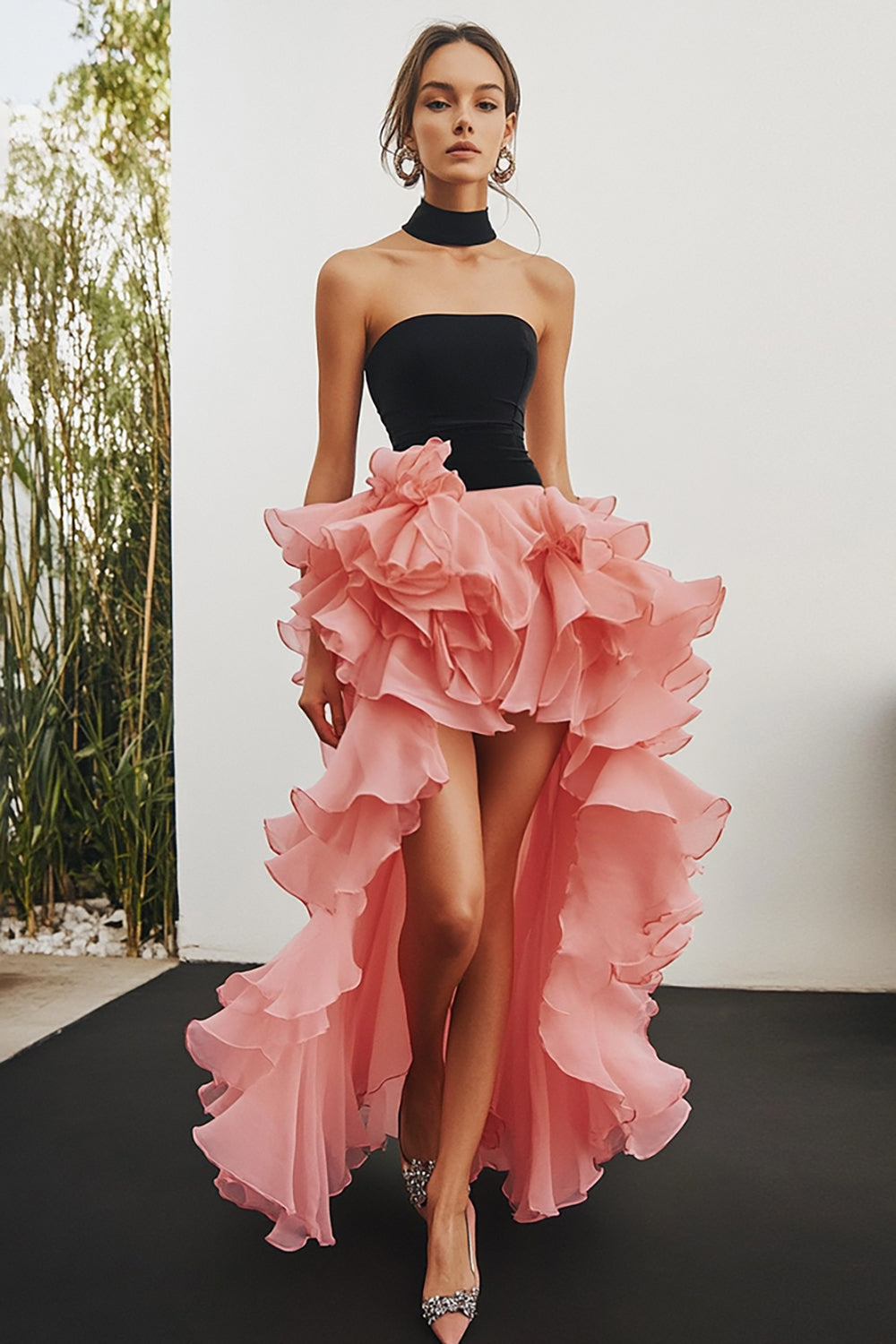Black&Pink Chiffon High Low Strapless Tiered Formal Dress