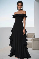Load image into Gallery viewer, Black Off the Shoulder Chiffon A Long Formal Dress
