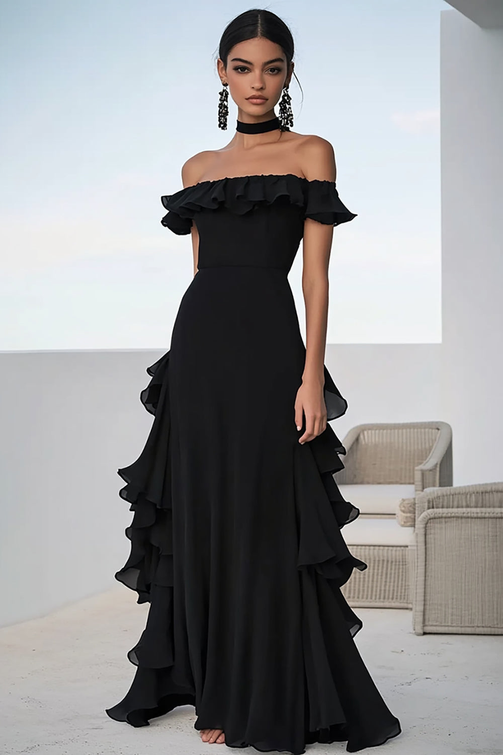 Black Off the Shoulder Chiffon A Long Formal Dress