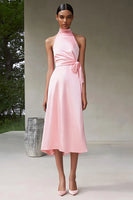Load image into Gallery viewer, Pink Satin A Line Halter Long Formal Dress