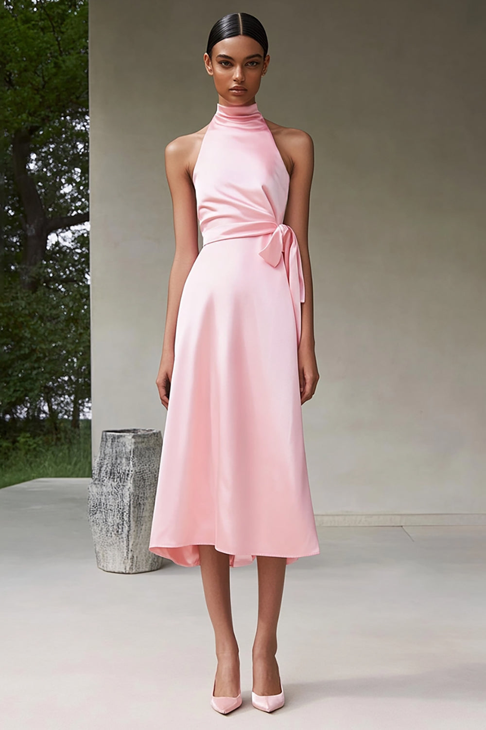 Pink Satin A Line Halter Long Formal Dress