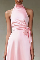 Load image into Gallery viewer, Pink Satin A Line Halter Long Formal Dress